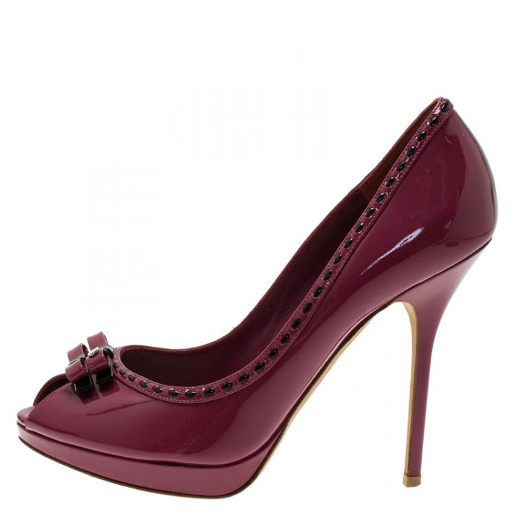 Pre Owned Dior Burgundy Patent Leather Bow Peep Toe Platform Pump Size 39