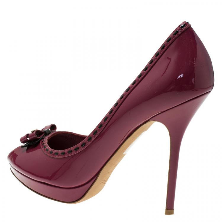 Pre Owned Dior Burgundy Patent Leather Bow Peep Toe Platform Pump Size 39