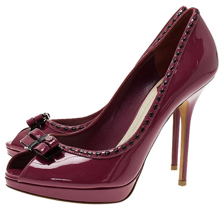 Pre Owned Dior Burgundy Patent Leather Bow Peep Toe Platform Pump Size 39