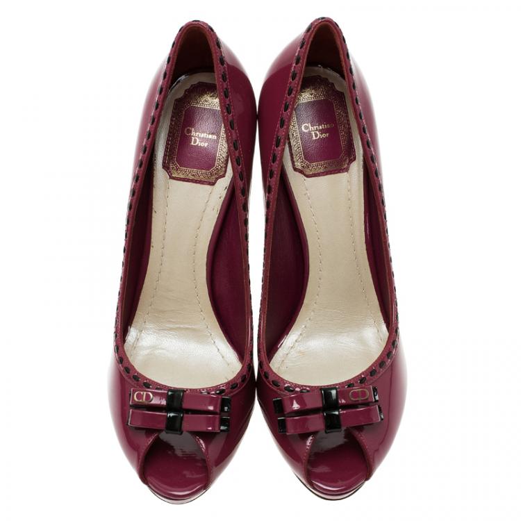 Pre Owned Dior Burgundy Patent Leather Bow Peep Toe Platform Pump Size 39