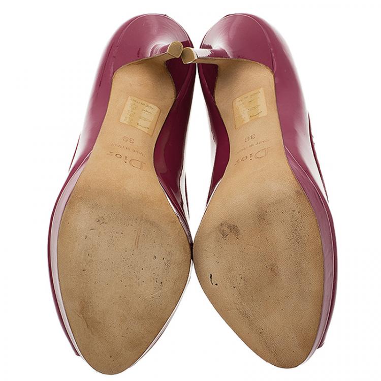 Pre Owned Dior Burgundy Patent Leather Bow Peep Toe Platform Pump Size 39
