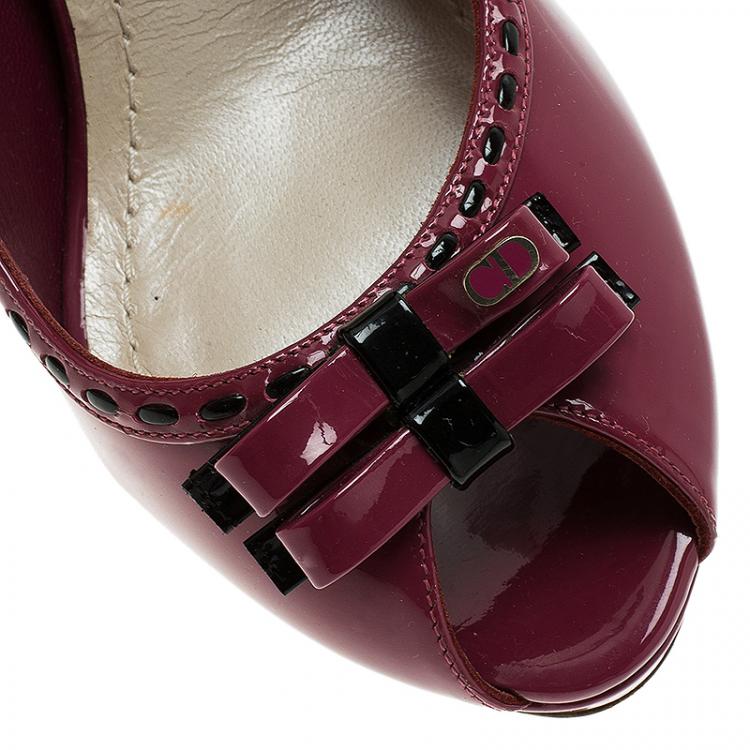 Pre Owned Dior Burgundy Patent Leather Bow Peep Toe Platform Pump Size 39
