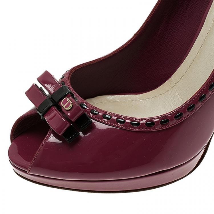 Pre Owned Dior Burgundy Patent Leather Bow Peep Toe Platform Pump Size 39