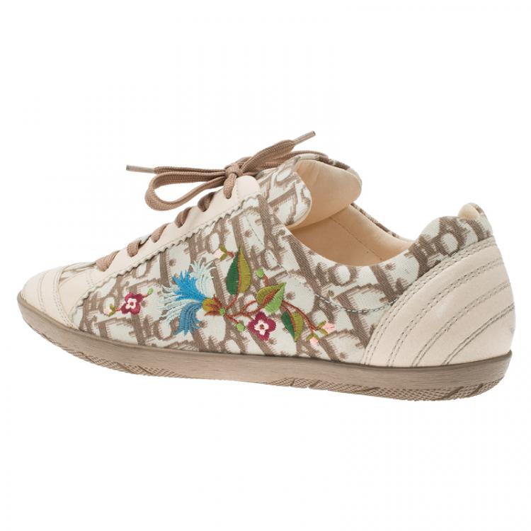 Pre Owned Dior Cream Monogram Leather and Floral Embroidered Canvas Lace Up Sneakers Size 37