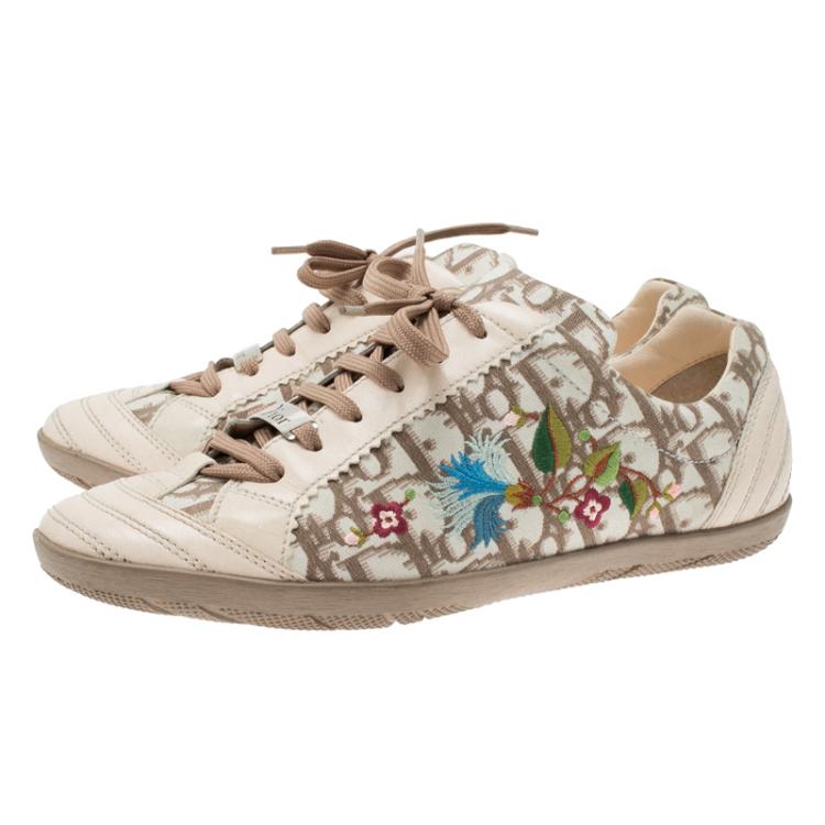 Pre Owned Dior Cream Monogram Leather and Floral Embroidered Canvas Lace Up Sneakers Size 37