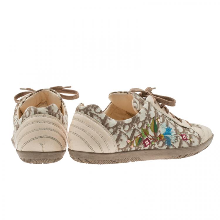 Pre Owned Dior Cream Monogram Leather and Floral Embroidered Canvas Lace Up Sneakers Size 37