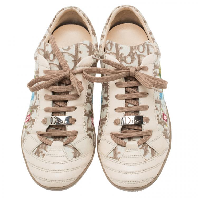 Pre Owned Dior Cream Monogram Leather and Floral Embroidered Canvas Lace Up Sneakers Size 37