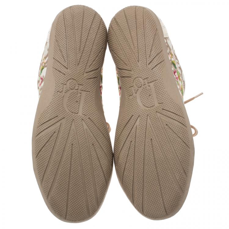Pre Owned Dior Cream Monogram Leather and Floral Embroidered Canvas Lace Up Sneakers Size 37