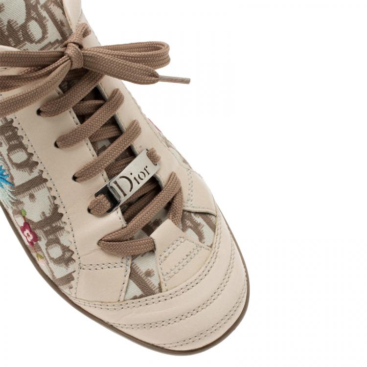 Pre Owned Dior Cream Monogram Leather and Floral Embroidered Canvas Lace Up Sneakers Size 37