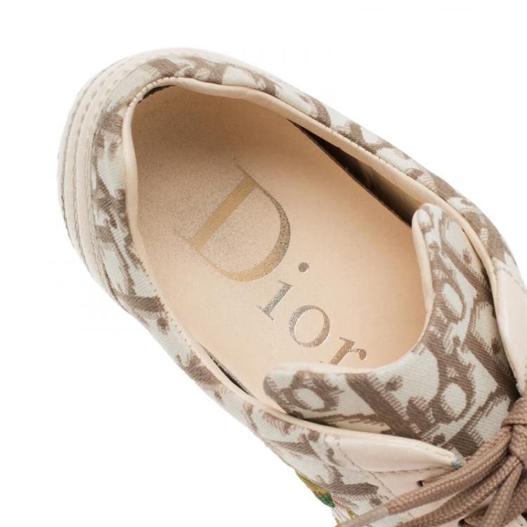 Pre Owned Dior Cream Monogram Leather and Floral Embroidered Canvas Lace Up Sneakers Size 37
