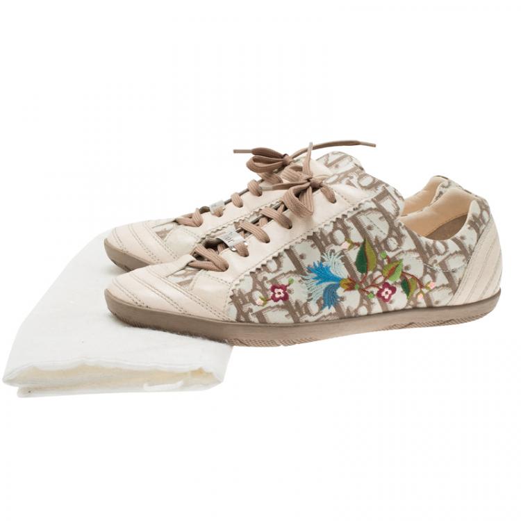 Pre Owned Dior Cream Monogram Leather and Floral Embroidered Canvas Lace Up Sneakers Size 37