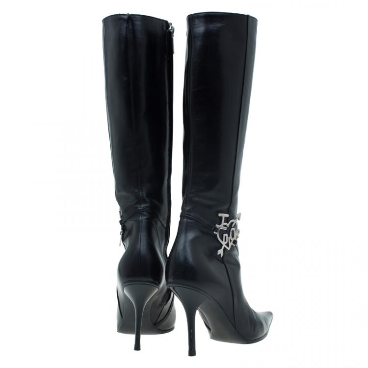 Pre Owned Dior Black Leather "I Love" Knee Boots Size 37