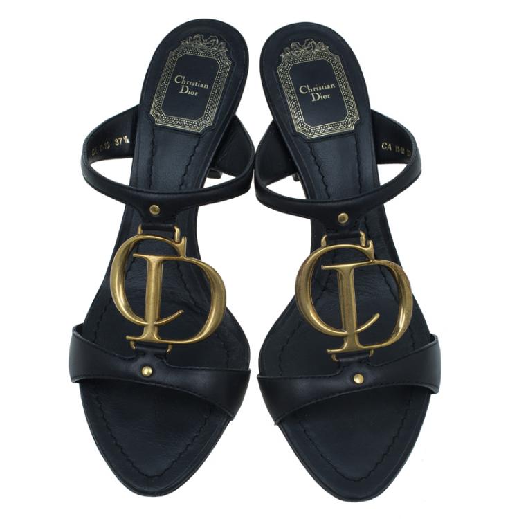 Pre Owned Dior Black Leather 'CD' Logo Sandals Size 37.5