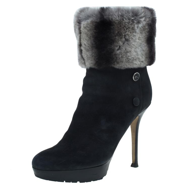 Pre Owned Dior Black Nubuck and Fur Ankle Boots Size 38.5
