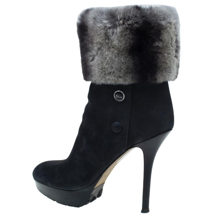 Pre Owned Dior Black Nubuck and Fur Ankle Boots Size 38.5