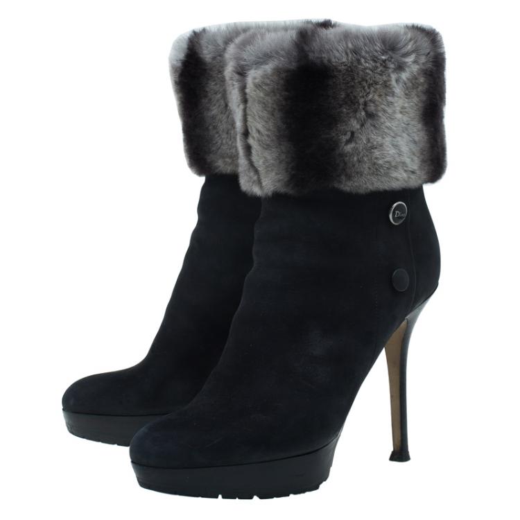 Pre Owned Dior Black Nubuck and Fur Ankle Boots Size 38.5