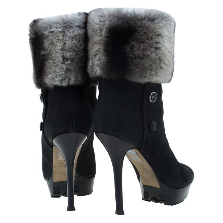 Pre Owned Dior Black Nubuck and Fur Ankle Boots Size 38.5
