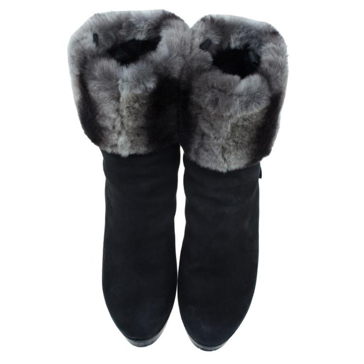 Pre Owned Dior Black Nubuck and Fur Ankle Boots Size 38.5