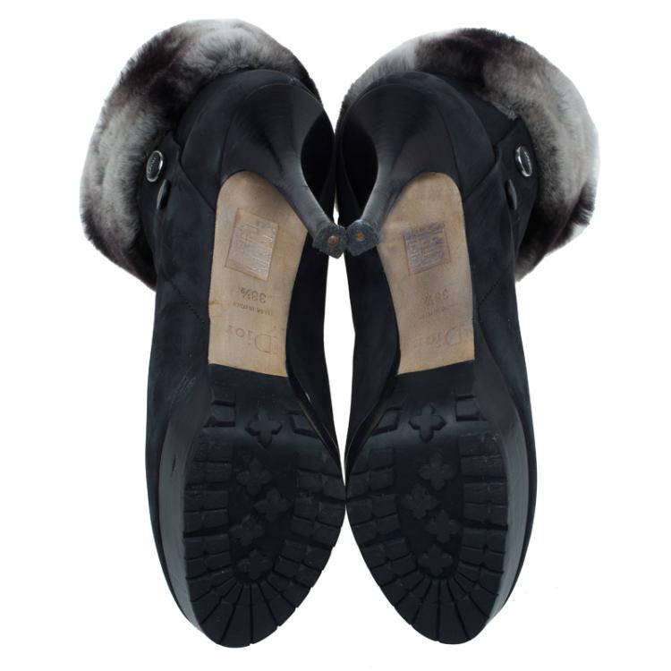Pre Owned Dior Black Nubuck and Fur Ankle Boots Size 38.5