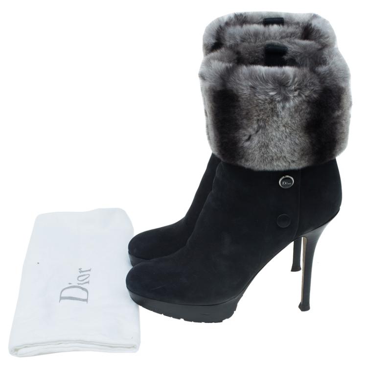 Pre Owned Dior Black Nubuck and Fur Ankle Boots Size 38.5