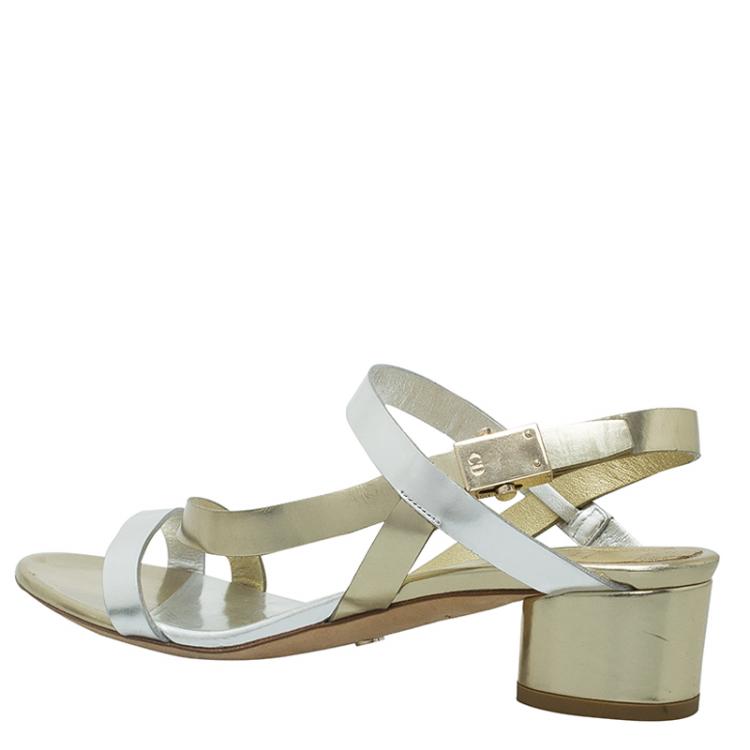 Pre Owned Dior Gold and Silver Metallic Leather Block Heel Sandals Size 37.5