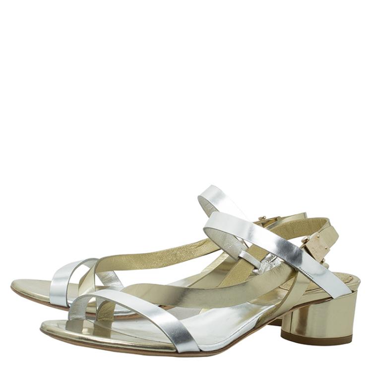 Pre Owned Dior Gold and Silver Metallic Leather Block Heel Sandals Size 37.5