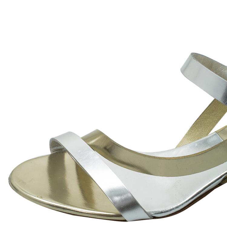 Pre Owned Dior Gold and Silver Metallic Leather Block Heel Sandals Size 37.5