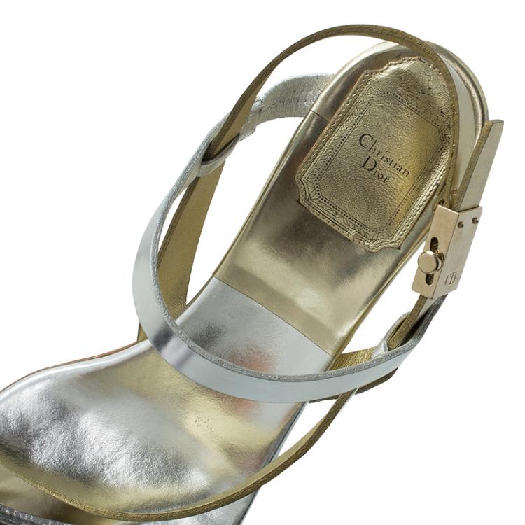 Pre Owned Dior Gold and Silver Metallic Leather Block Heel Sandals Size 37.5