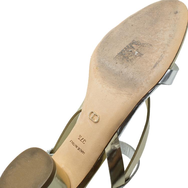Pre Owned Dior Gold and Silver Metallic Leather Block Heel Sandals Size 37.5