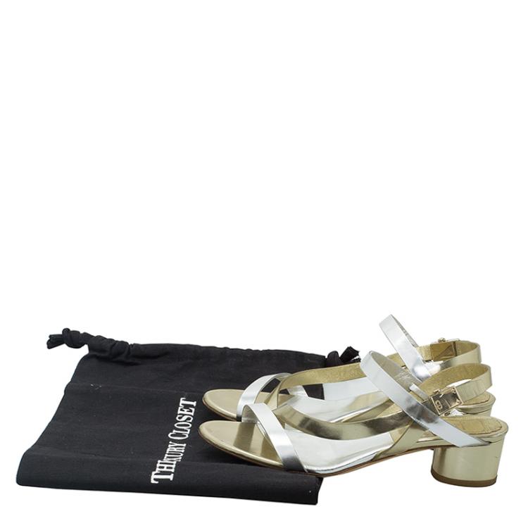 Pre Owned Dior Gold and Silver Metallic Leather Block Heel Sandals Size 37.5