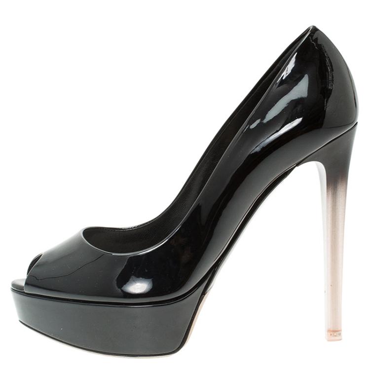 Pre Owned Dior Black Patent Miss Dior Peep Toe Platform Pumps Size 37.5