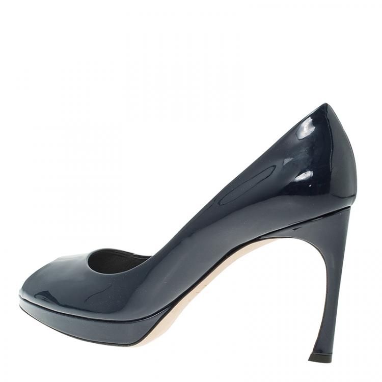 Pre Owned Dior Blue Patent Flared Peep Toe Platform Pumps Size 37.5
