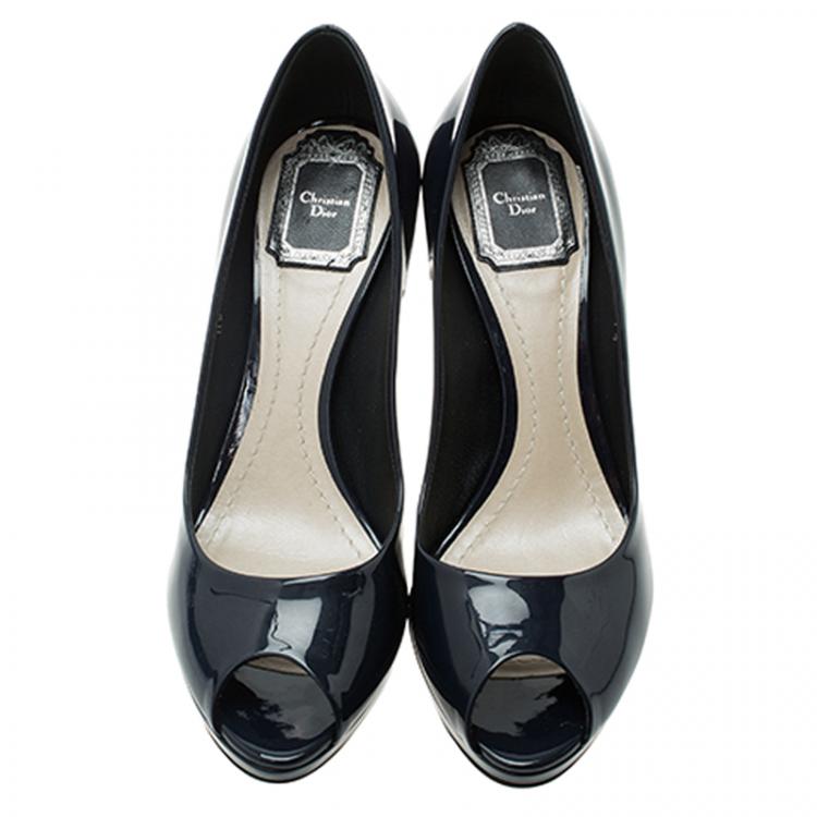 Pre Owned Dior Blue Patent Flared Peep Toe Platform Pumps Size 37.5
