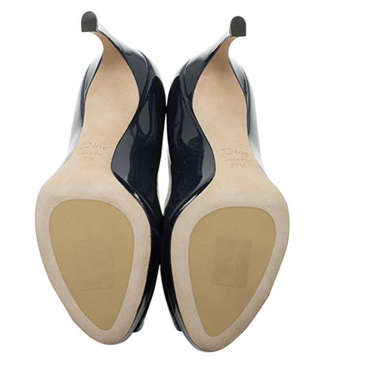 Pre Owned Dior Blue Patent Flared Peep Toe Platform Pumps Size 37.5