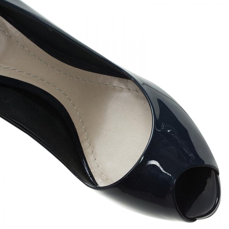 Pre Owned Dior Blue Patent Flared Peep Toe Platform Pumps Size 37.5