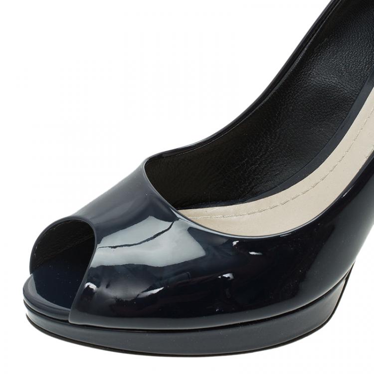 Pre Owned Dior Blue Patent Flared Peep Toe Platform Pumps Size 37.5
