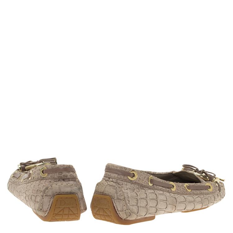 Pre Owned Dior Beige Crocodile Embossed Boat Stitched Bow Loafers Size 36