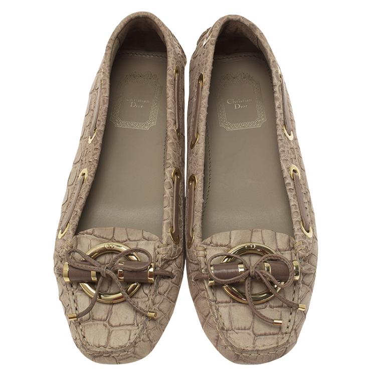 Pre Owned Dior Beige Crocodile Embossed Boat Stitched Bow Loafers Size 36