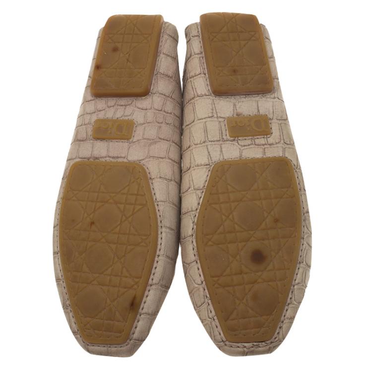 Pre Owned Dior Beige Crocodile Embossed Boat Stitched Bow Loafers Size 36