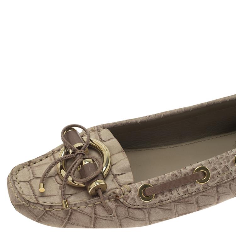 Pre Owned Dior Beige Crocodile Embossed Boat Stitched Bow Loafers Size 36