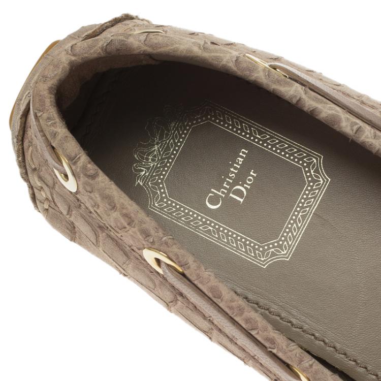 Pre Owned Dior Beige Crocodile Embossed Boat Stitched Bow Loafers Size 36