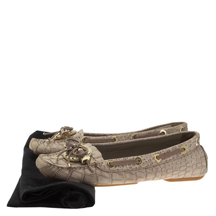 Pre Owned Dior Beige Crocodile Embossed Boat Stitched Bow Loafers Size 36
