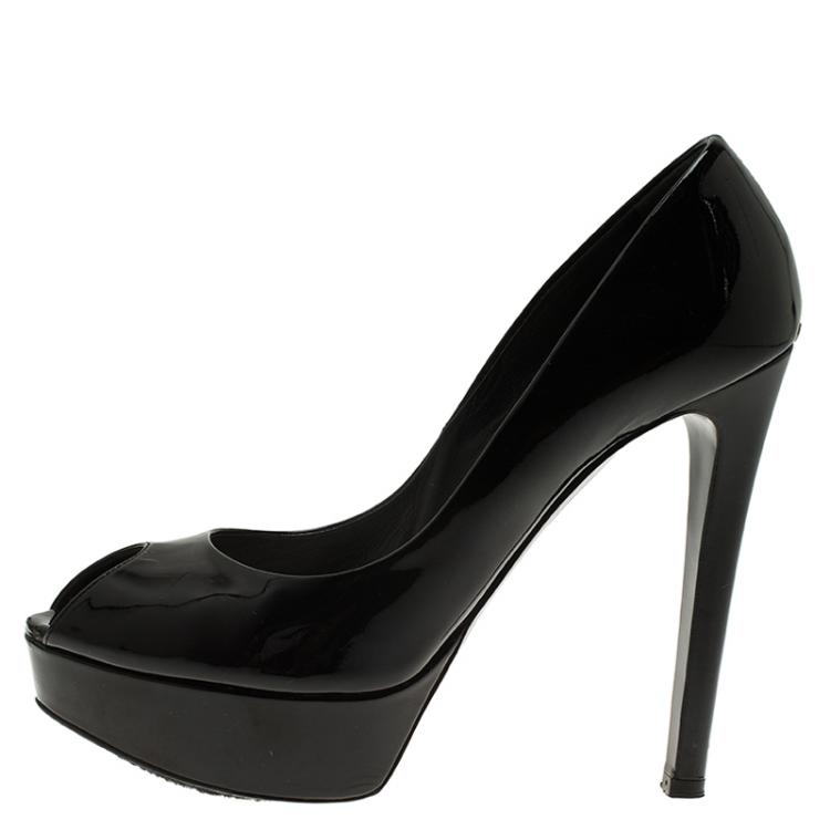 Pre Owned Dior Black Patent Peep Toe Platform Pumps Size 38.5