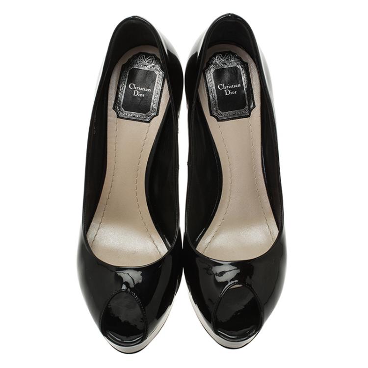 Pre Owned Dior Black Patent Peep Toe Platform Pumps Size 38.5
