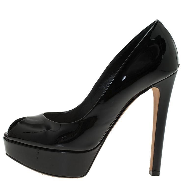 Pre Owned Dior Black Patent Miss Dior Peep Toe Platform Pumps Size 36