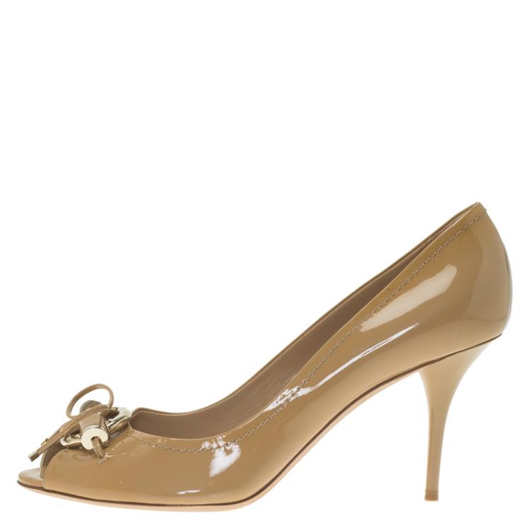 Pre Owned Dior Beige Patent Leather Bow Peep Toe Pumps Size 40.5