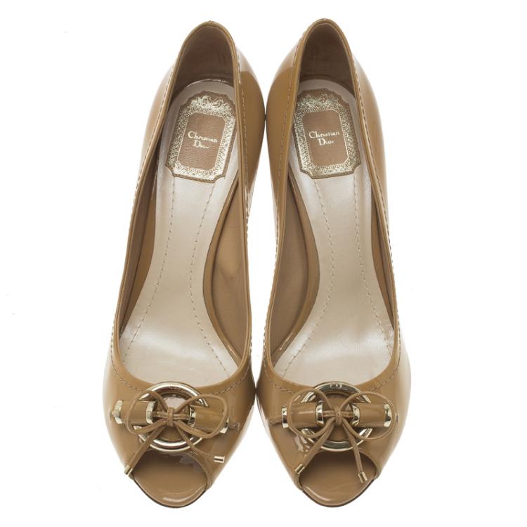 Pre Owned Dior Beige Patent Leather Bow Peep Toe Pumps Size 40.5