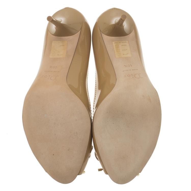 Pre Owned Dior Beige Patent Leather Bow Peep Toe Pumps Size 40.5