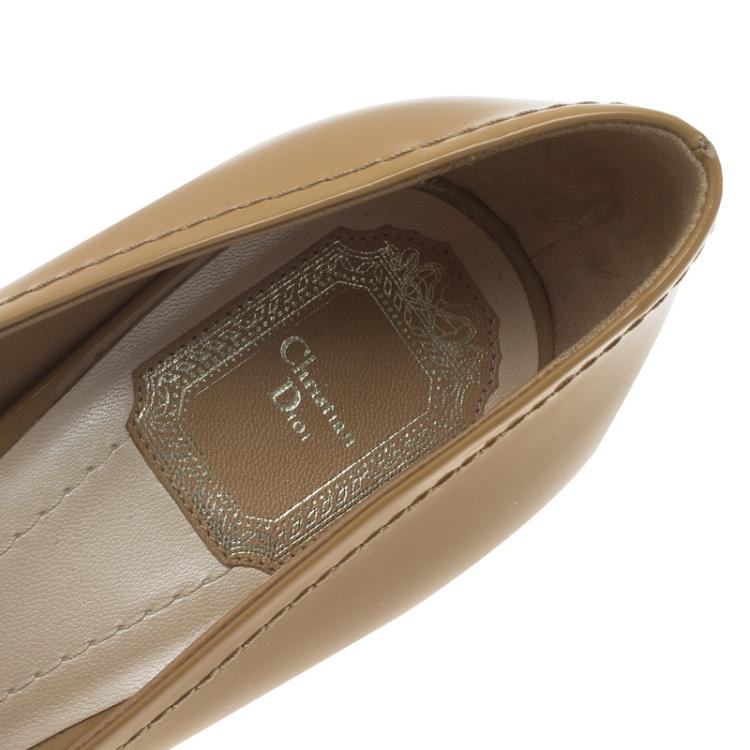 Pre Owned Dior Beige Patent Leather Bow Peep Toe Pumps Size 40.5