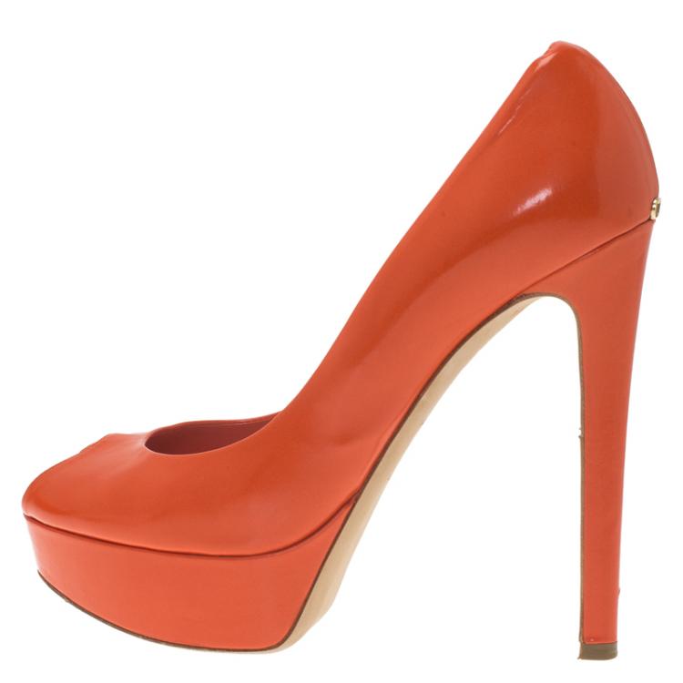 Pre Owned Dior Orange Leather Miss Dior Peep Toe Platform Pumps Size 38